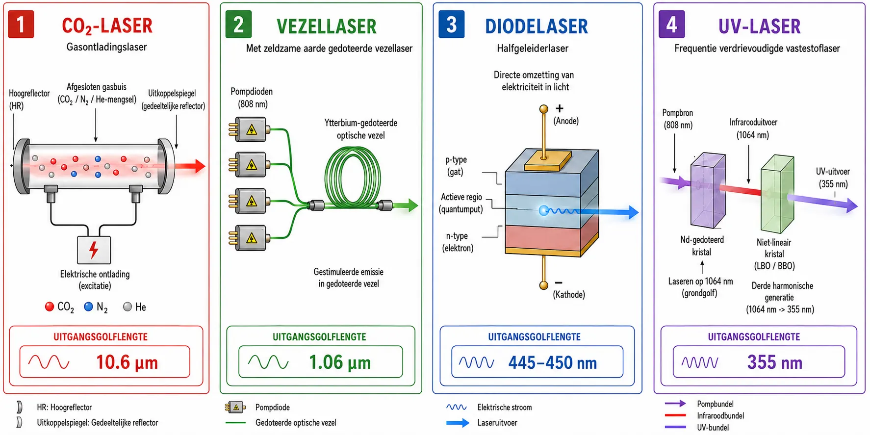 Vergelijkingsdiagram van de stralingsopwekkingsmechanismen van CO2-, fiber-, diode- en UV-laser